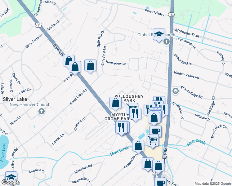 map of restaurants, bars, coffee shops, grocery stores, and more near 1521 Willoughby Park Court in Wilmington