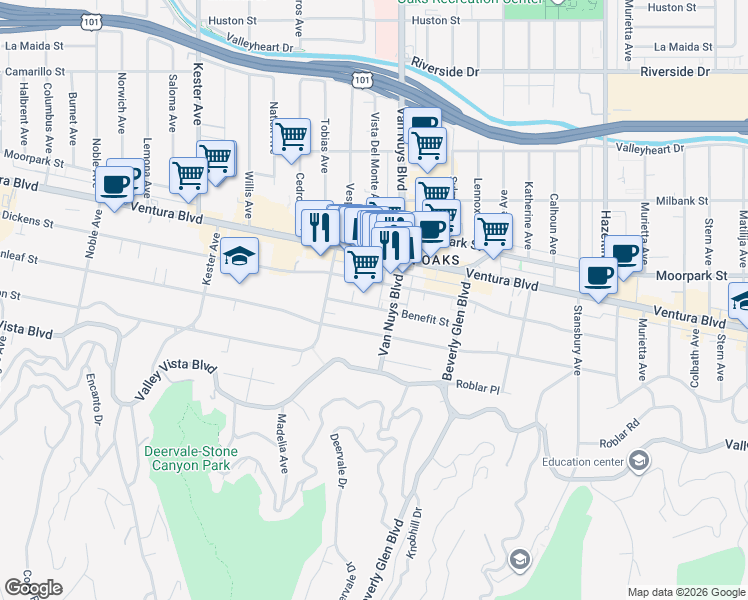 map of restaurants, bars, coffee shops, grocery stores, and more near 14521 Benefit Street in Los Angeles