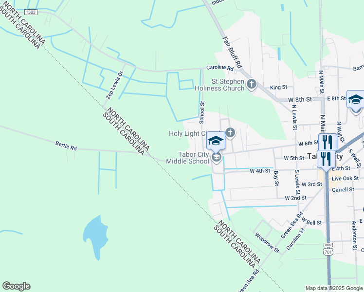 map of restaurants, bars, coffee shops, grocery stores, and more near 906 West 6th Street in Tabor City