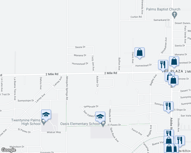 map of restaurants, bars, coffee shops, grocery stores, and more near 5744 Adobe Circle in Twentynine Palms