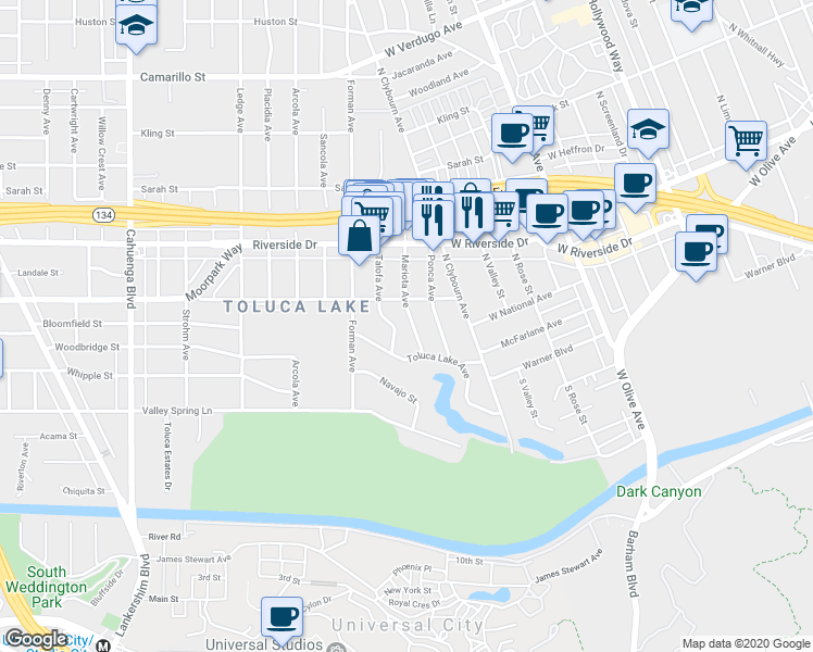 map of restaurants, bars, coffee shops, grocery stores, and more near 4339 Mariota Avenue in Los Angeles