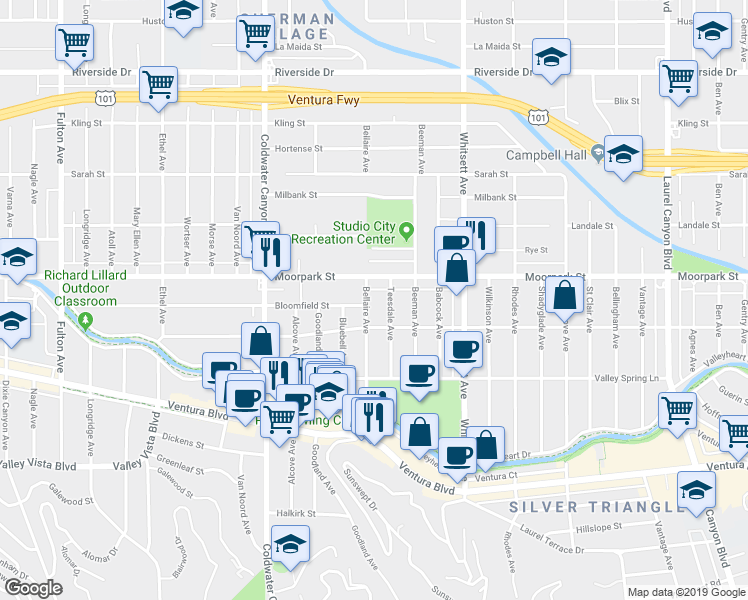 map of restaurants, bars, coffee shops, grocery stores, and more near 4330 Bellaire Avenue in Los Angeles