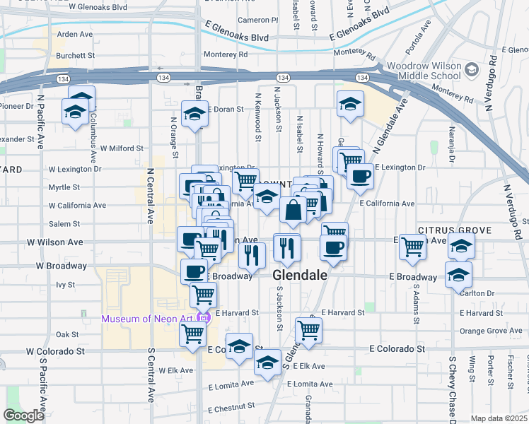 map of restaurants, bars, coffee shops, grocery stores, and more near 234 North Kenwood Street in Glendale