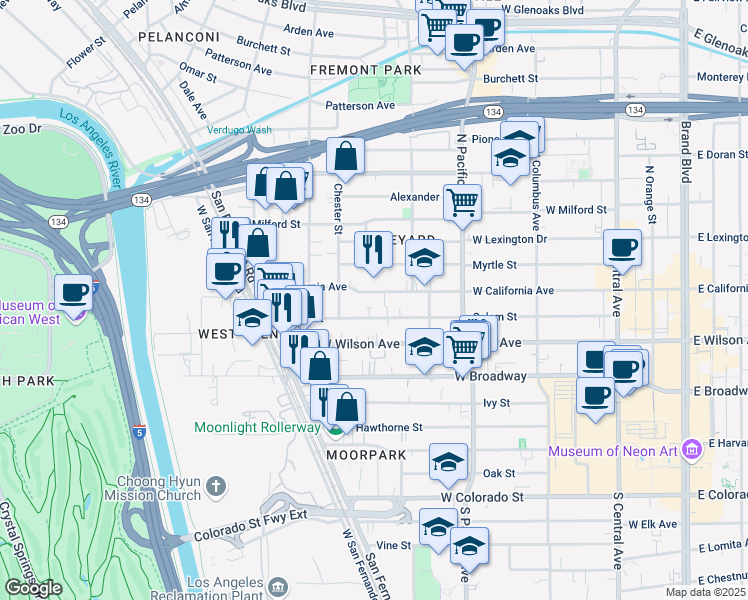 map of restaurants, bars, coffee shops, grocery stores, and more near 653 Salem Street in Glendale