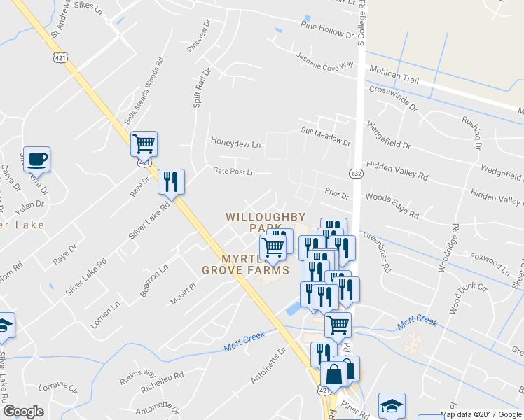 map of restaurants, bars, coffee shops, grocery stores, and more near 1696 Honeybee Lane in Wilmington