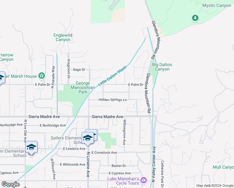 map of restaurants, bars, coffee shops, grocery stores, and more near 1256 Indian Springs Drive in Glendora