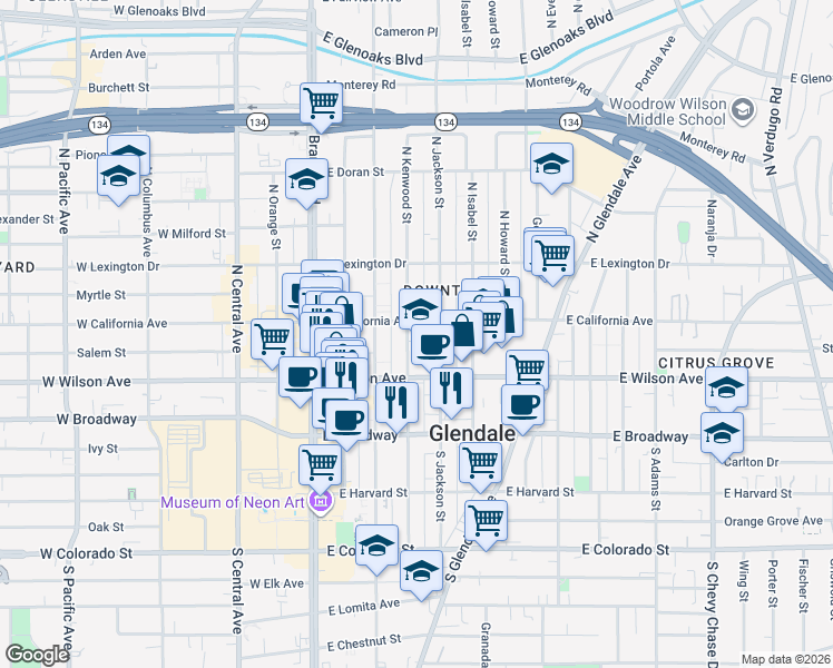 map of restaurants, bars, coffee shops, grocery stores, and more near 234 North Kenwood Street in Glendale
