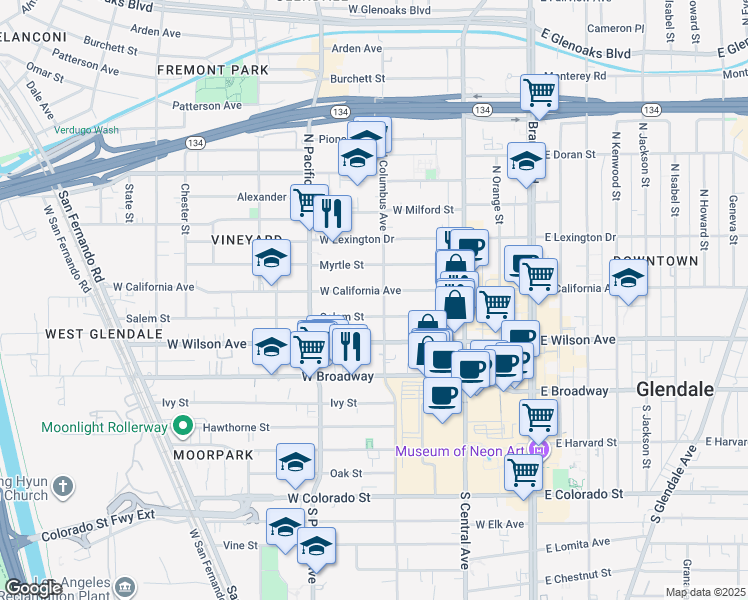 map of restaurants, bars, coffee shops, grocery stores, and more near 400 West California Avenue in Glendale