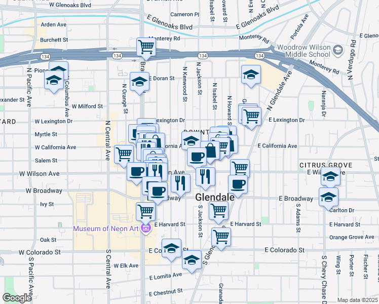 map of restaurants, bars, coffee shops, grocery stores, and more near 234 North Kenwood Street in Glendale
