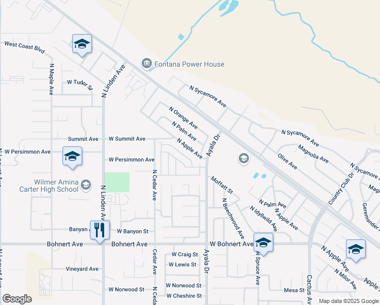 map of restaurants, bars, coffee shops, grocery stores, and more near 2826 North Apple Avenue in Rialto