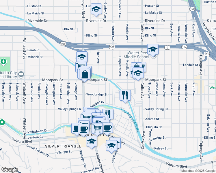 map of restaurants, bars, coffee shops, grocery stores, and more near 4313 Gentry Avenue in Los Angeles