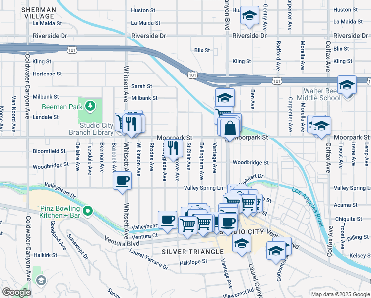 map of restaurants, bars, coffee shops, grocery stores, and more near 4312 Saint Clair Avenue in Los Angeles