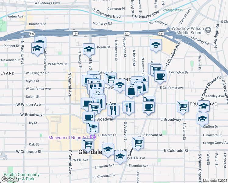 map of restaurants, bars, coffee shops, grocery stores, and more near 237 North Kenwood Street in Glendale