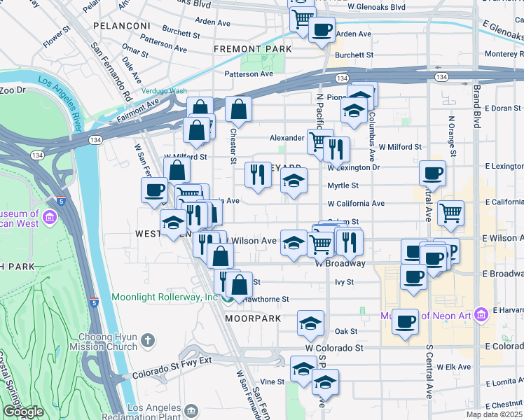 map of restaurants, bars, coffee shops, grocery stores, and more near 634 West California Avenue in Glendale
