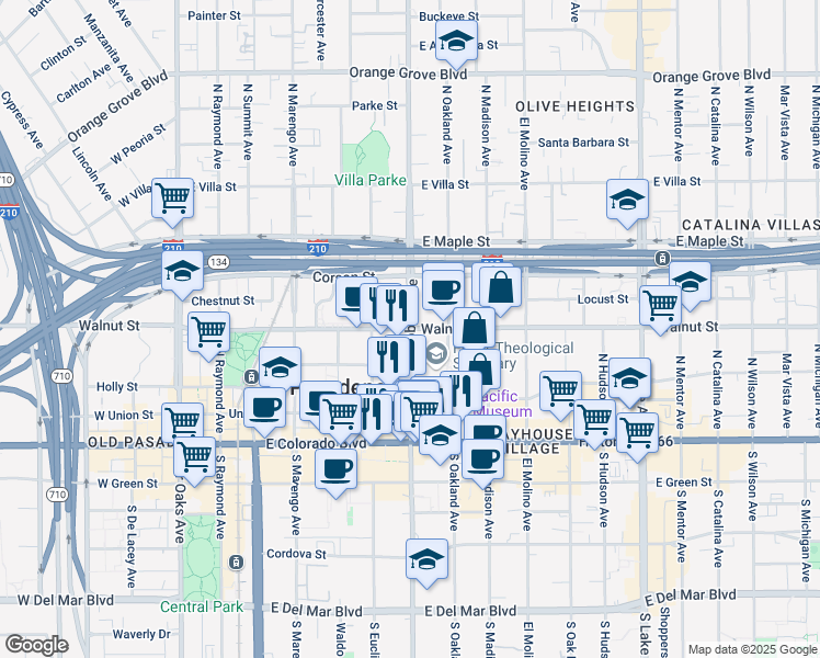 map of restaurants, bars, coffee shops, grocery stores, and more near E Walnut St & N Los Robles Ave in Pasadena