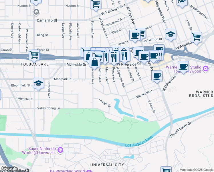 map of restaurants, bars, coffee shops, grocery stores, and more near 4314 Mariota Avenue in Los Angeles