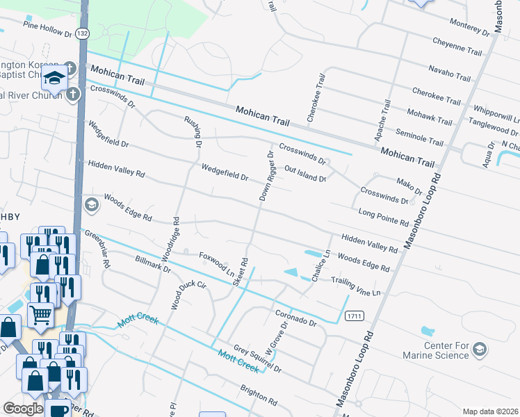 map of restaurants, bars, coffee shops, grocery stores, and more near Beacon Drive in Wilmington