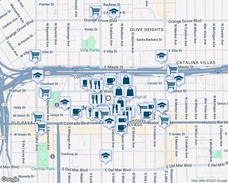 map of restaurants, bars, coffee shops, grocery stores, and more near East Walnut Street in Pasadena