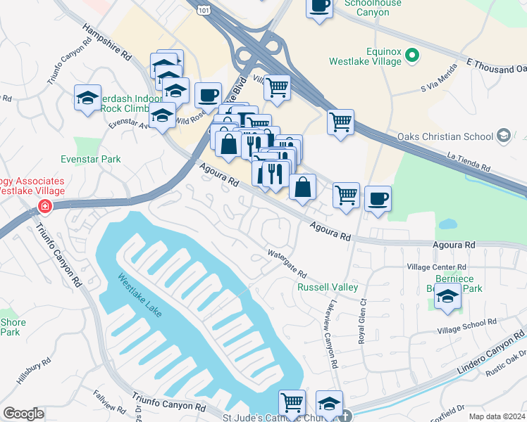 map of restaurants, bars, coffee shops, grocery stores, and more near 2845 Instone Court in Westlake Village