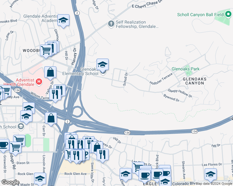map of restaurants, bars, coffee shops, grocery stores, and more near 2124 Glen Ivy Drive in Glendale