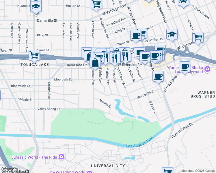 map of restaurants, bars, coffee shops, grocery stores, and more near 4339 Mariota Avenue in Los Angeles