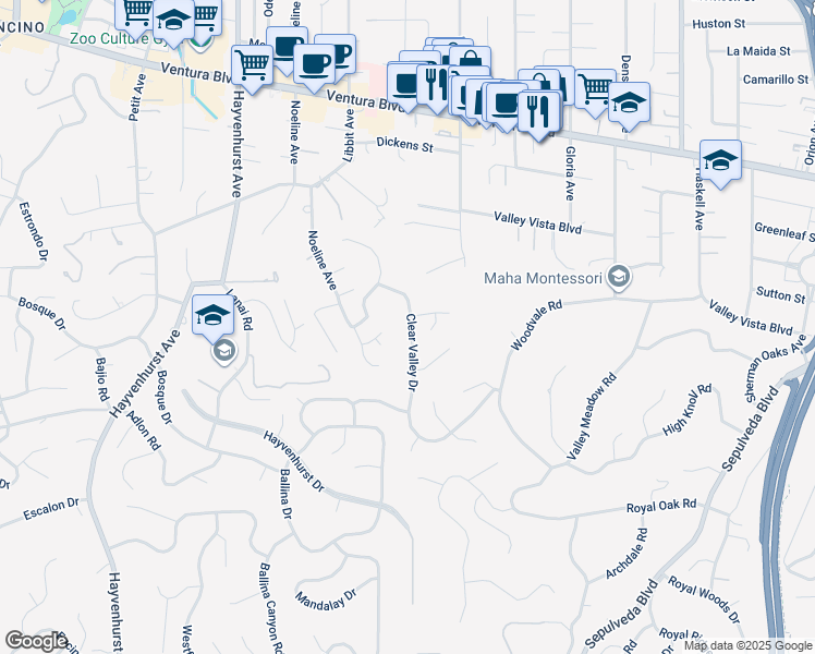 map of restaurants, bars, coffee shops, grocery stores, and more near 4321 Clear Valley Drive in Los Angeles