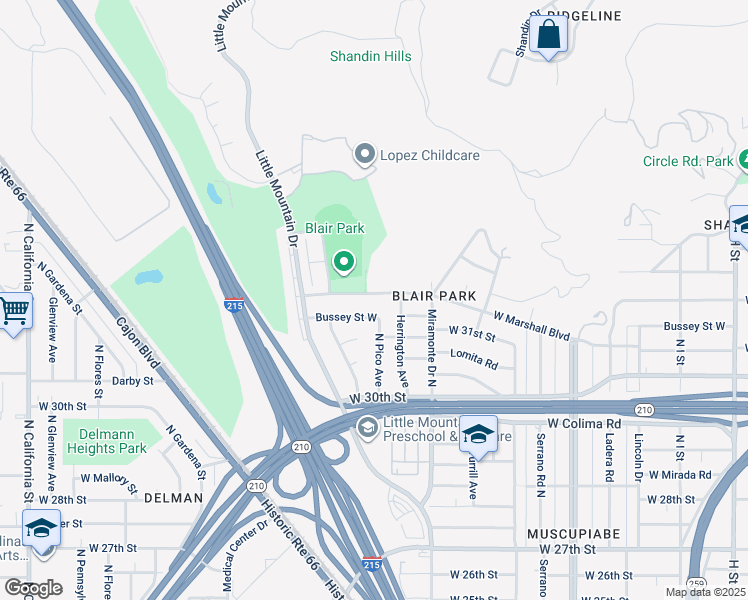 map of restaurants, bars, coffee shops, grocery stores, and more near 1417 West Marshall Boulevard in San Bernardino