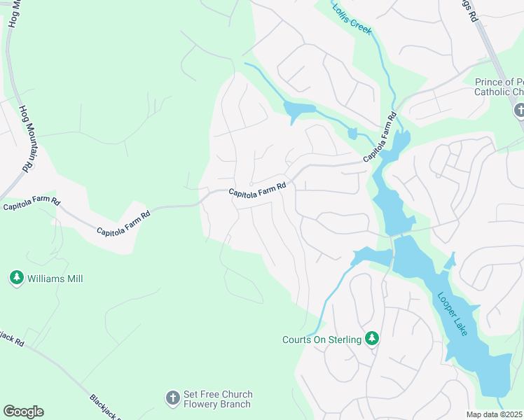 map of restaurants, bars, coffee shops, grocery stores, and more near 6836 Bungalow Road in Flowery Branch