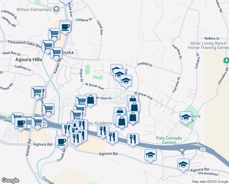 map of restaurants, bars, coffee shops, grocery stores, and more near 28521 Conejo View Drive in Agoura Hills