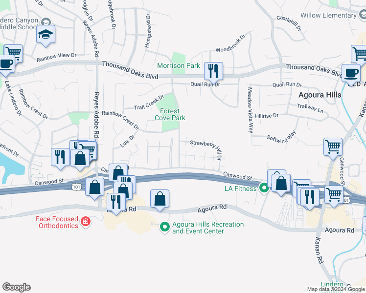 map of restaurants, bars, coffee shops, grocery stores, and more near 29719 Windsong Lane in Agoura Hills