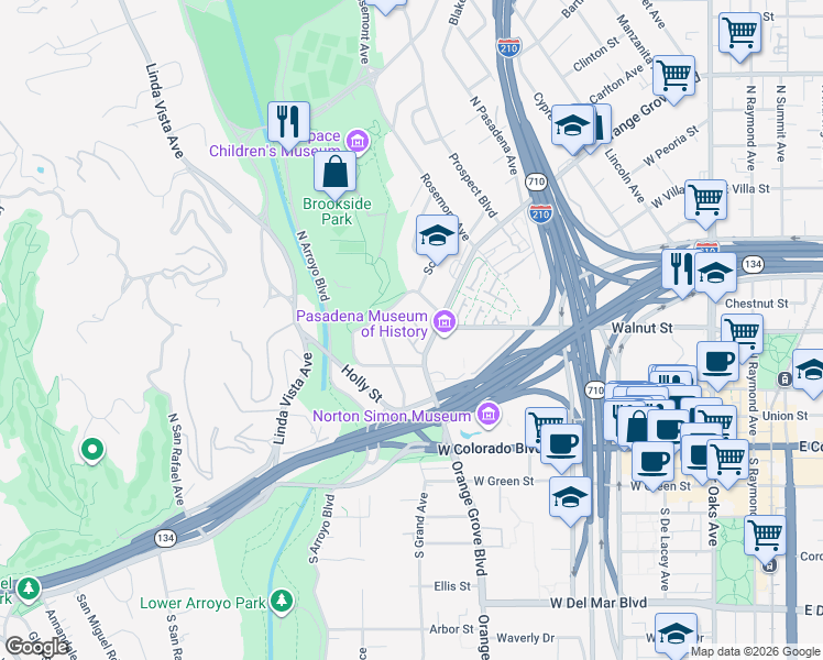 map of restaurants, bars, coffee shops, grocery stores, and more near 201 North Orange Grove Boulevard in Pasadena