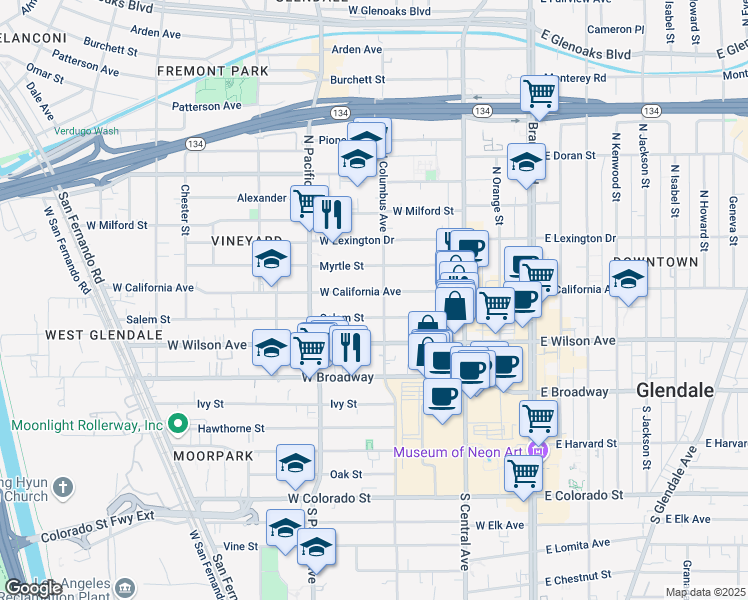 map of restaurants, bars, coffee shops, grocery stores, and more near 400 West California Avenue in Glendale