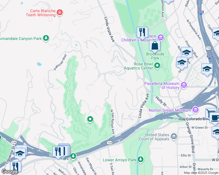 map of restaurants, bars, coffee shops, grocery stores, and more near North San Rafael Avenue in Pasadena