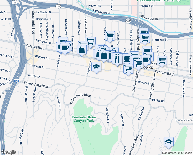 map of restaurants, bars, coffee shops, grocery stores, and more near 14732 Greenleaf Street in Los Angeles