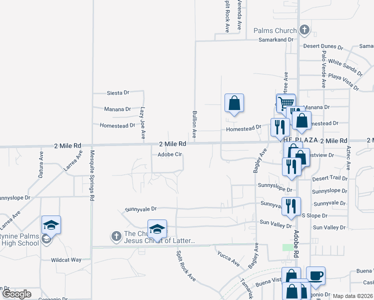 map of restaurants, bars, coffee shops, grocery stores, and more near 73233 Adobe Circle in Twentynine Palms
