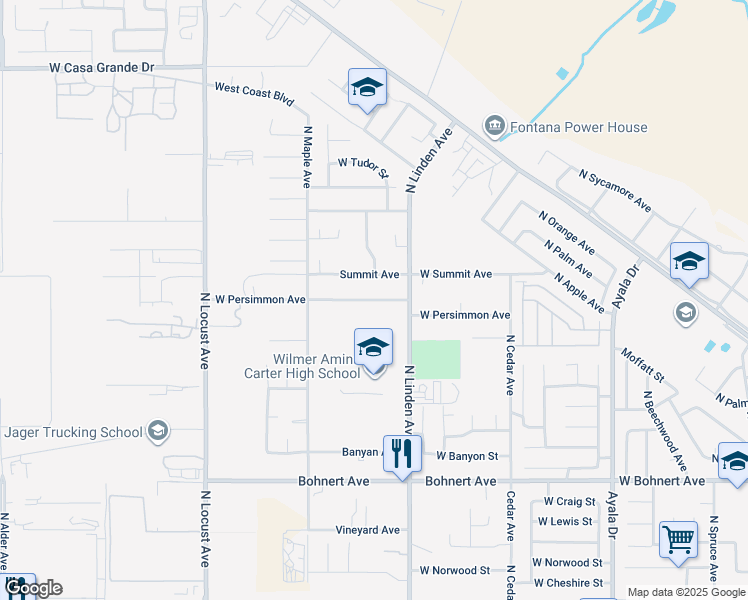 map of restaurants, bars, coffee shops, grocery stores, and more near West Persimmon Avenue in Rialto