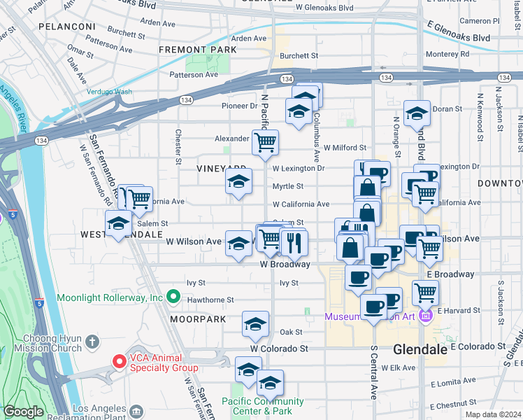 map of restaurants, bars, coffee shops, grocery stores, and more near 428 West California Avenue in Glendale