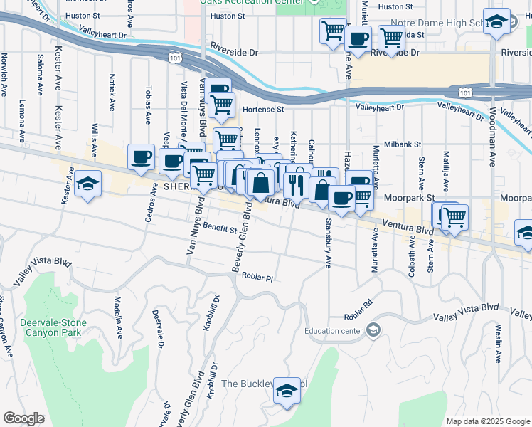 map of restaurants, bars, coffee shops, grocery stores, and more near 14311 Dickens Street in Los Angeles