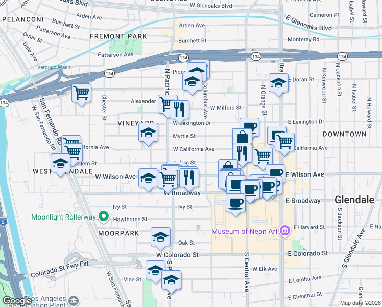 map of restaurants, bars, coffee shops, grocery stores, and more near 428 West California Avenue in Glendale