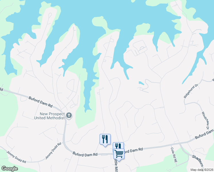map of restaurants, bars, coffee shops, grocery stores, and more near 6005 Dolvin Lane in Buford