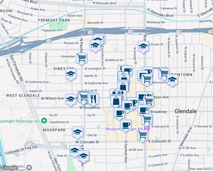map of restaurants, bars, coffee shops, grocery stores, and more near 366 West California Avenue in Glendale