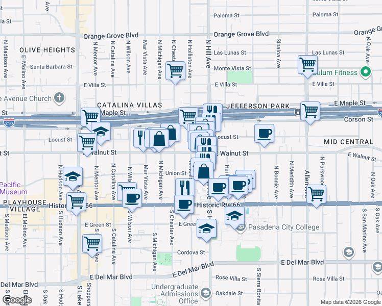 map of restaurants, bars, coffee shops, grocery stores, and more near East Walnut Street & North Holliston Avenue in Pasadena