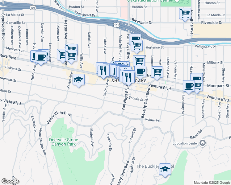 map of restaurants, bars, coffee shops, grocery stores, and more near 14539 Benefit Street in Los Angeles
