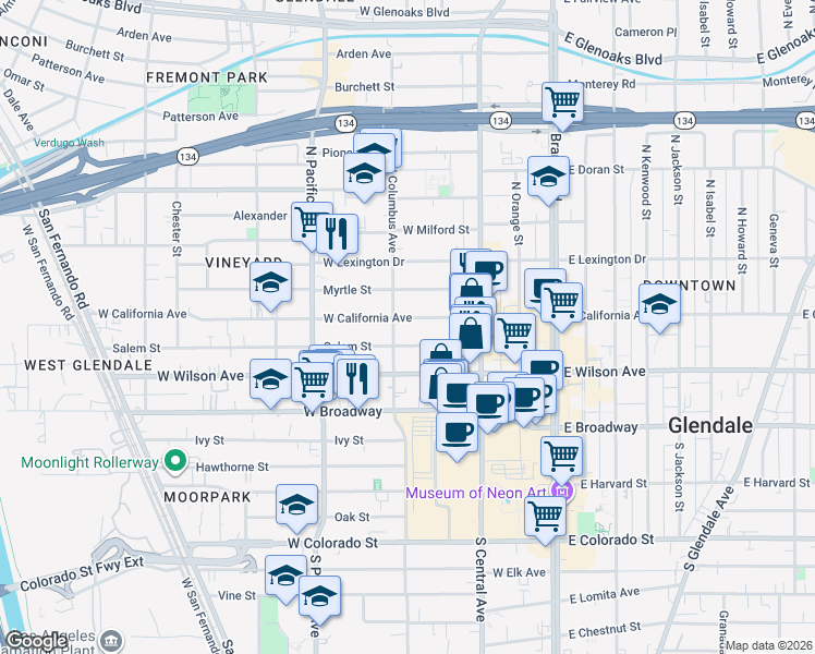 map of restaurants, bars, coffee shops, grocery stores, and more near 366 West California Avenue in Glendale
