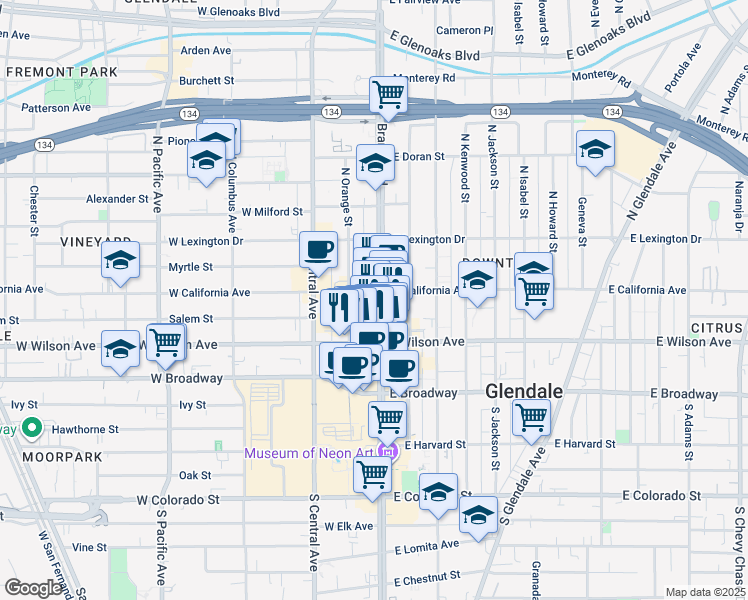 map of restaurants, bars, coffee shops, grocery stores, and more near 241 North Brand Boulevard in Glendale