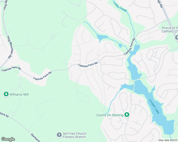 map of restaurants, bars, coffee shops, grocery stores, and more near 6832 Bungalow Road in Flowery Branch
