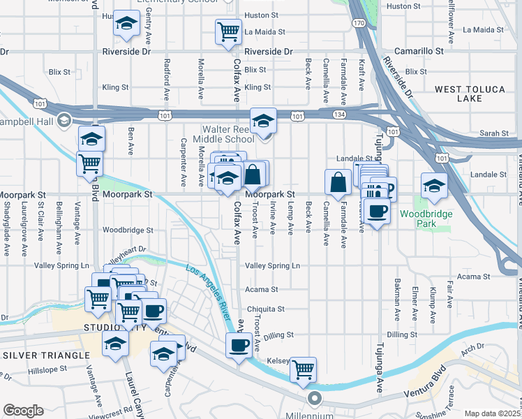 map of restaurants, bars, coffee shops, grocery stores, and more near 4374 Troost Avenue in Los Angeles