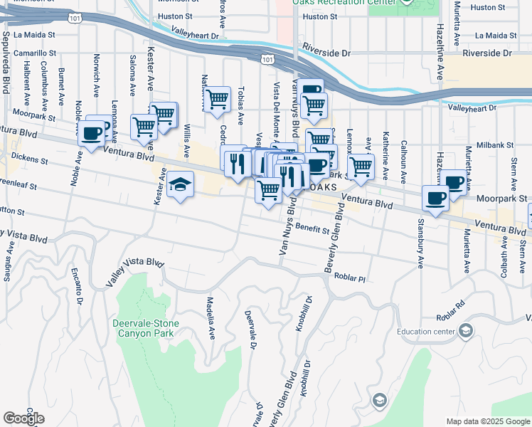 map of restaurants, bars, coffee shops, grocery stores, and more near 14539 Benefit Street in Los Angeles