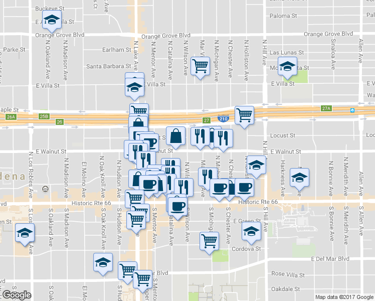 map of restaurants, bars, coffee shops, grocery stores, and more near E Walnut St & N Wilson Ave in Pasadena