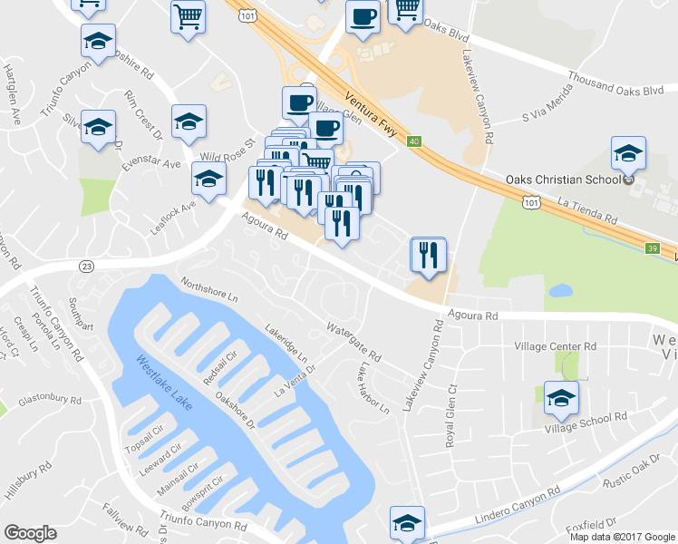 map of restaurants, bars, coffee shops, grocery stores, and more near 2864 Instone Court in Westlake Village